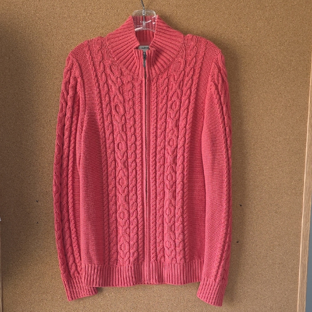 L.L. Bean Women's Cotton Zip Up Cable Knit Cardigan - Pink Sz M